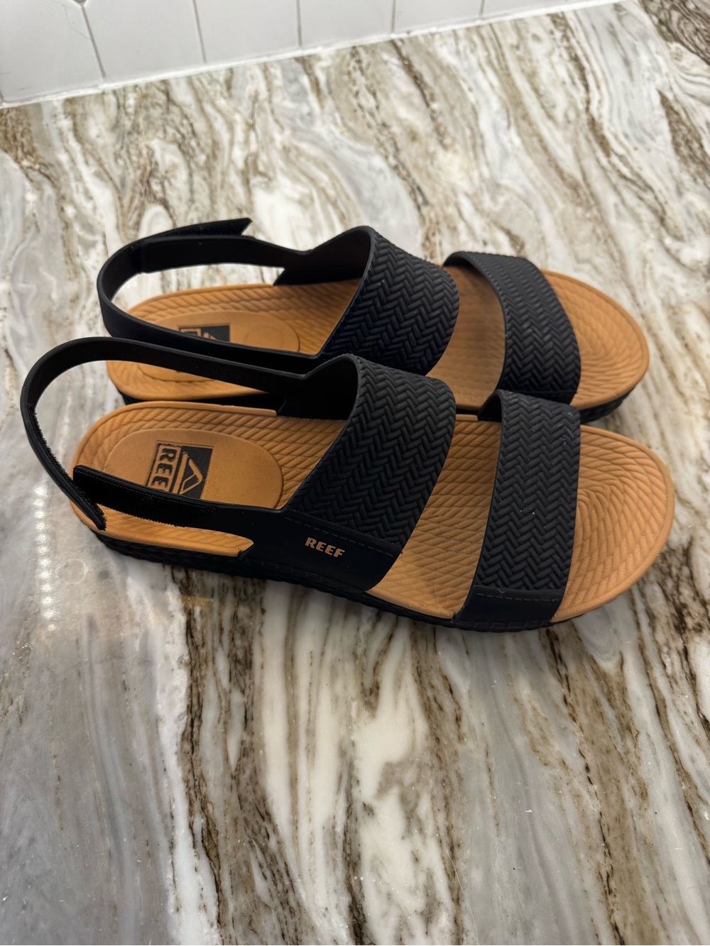 Reef Women’s Black Strappy Slingback Sandals with Tan Footbed